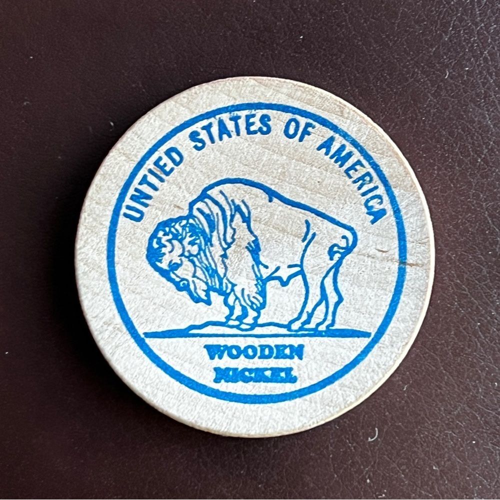 5/$20 Wooden Nickel International Maintenance Institute IMI 1.5" x1/8" Blue Ink